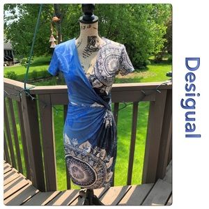 Desigual Blue and Tan Faux Wrap Dress